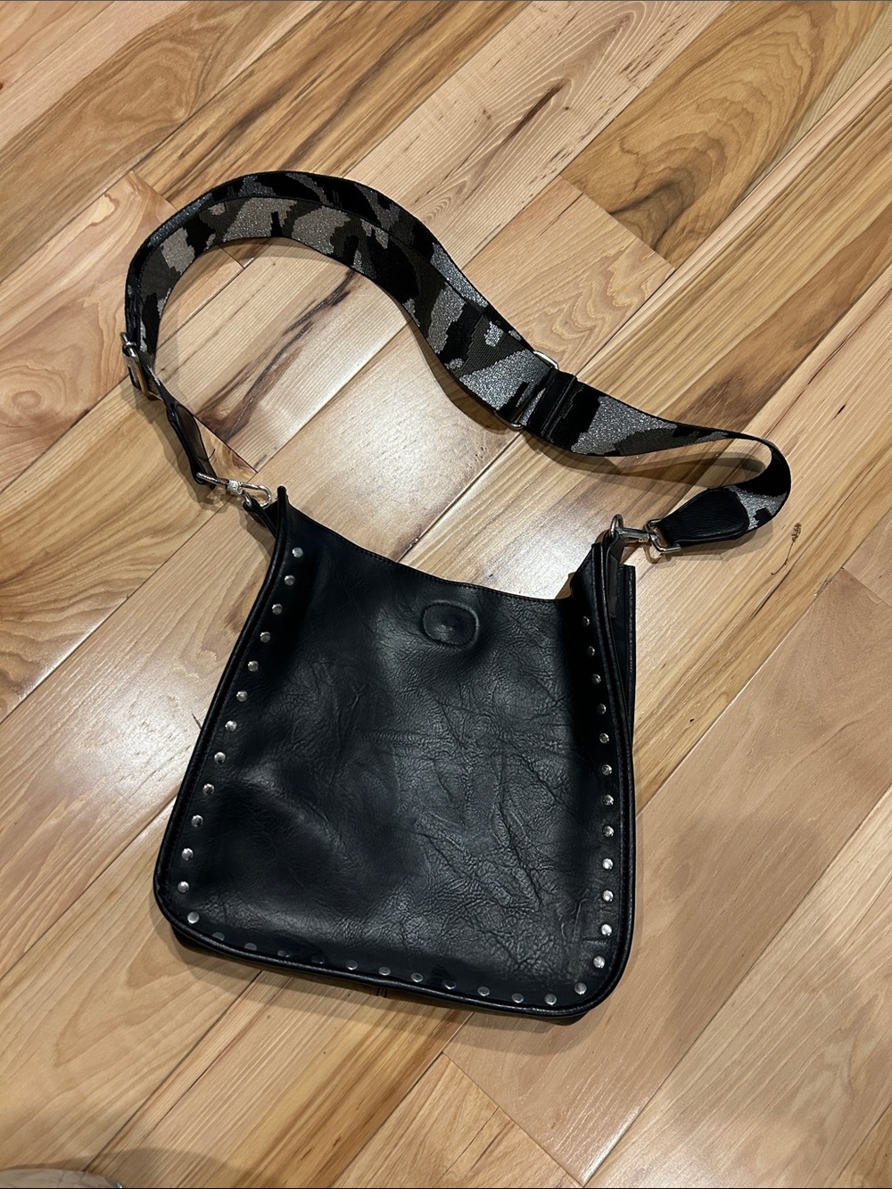 Black Studded Crossbody Bag with Camouflage Strap